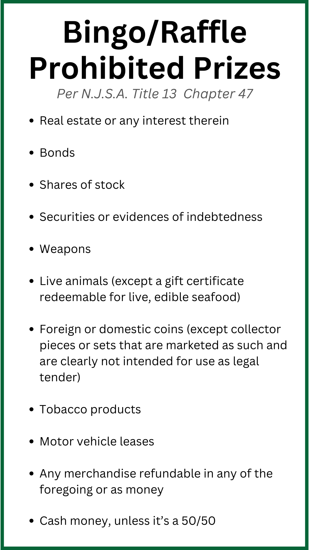A list of prohibited Raffle and Bingo prizes. Click to open an OCR scanned PDF version of this image.
