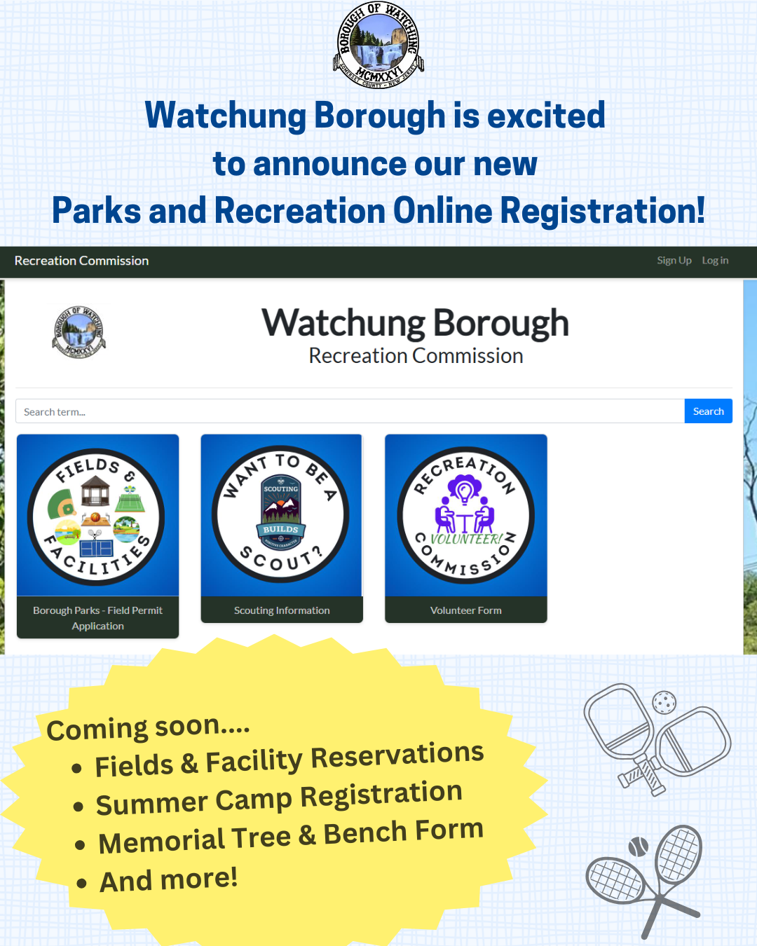 Watchung Recreation New Online Reservations flyer. Click to open an OCR scanned PDF version of it.
