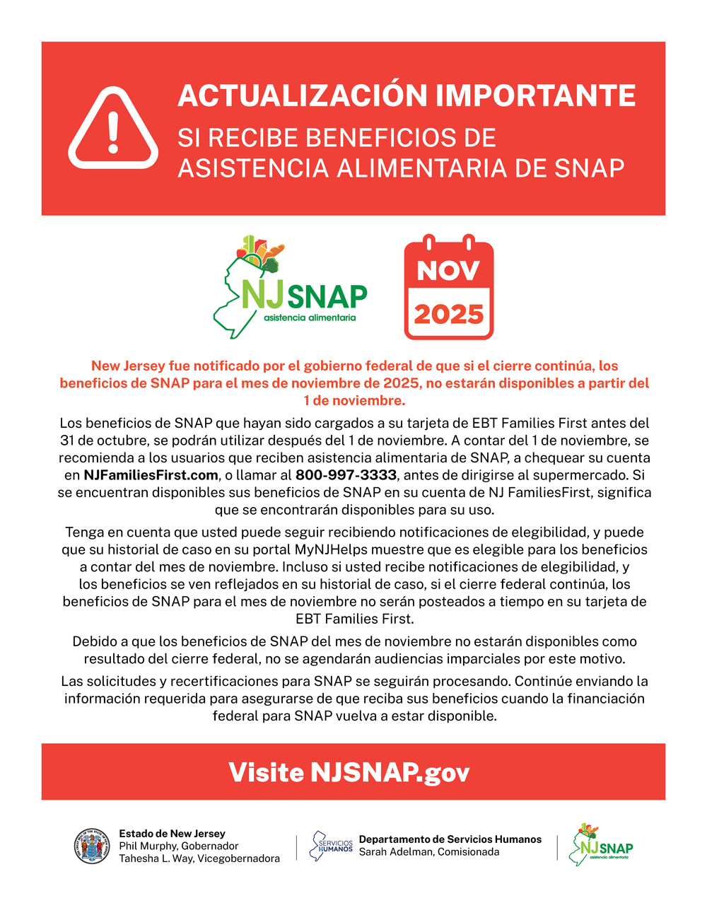 SNAP assistance update for November 2025, Spanish language.