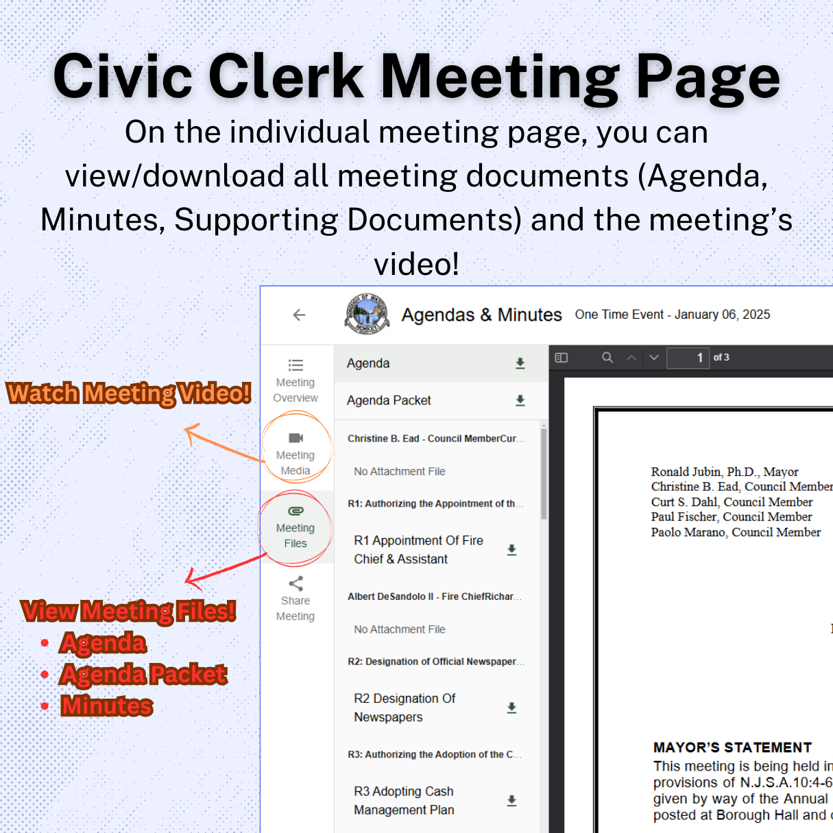Civic Clerk meeting page features. Click here to open a PDF version in a new tab.