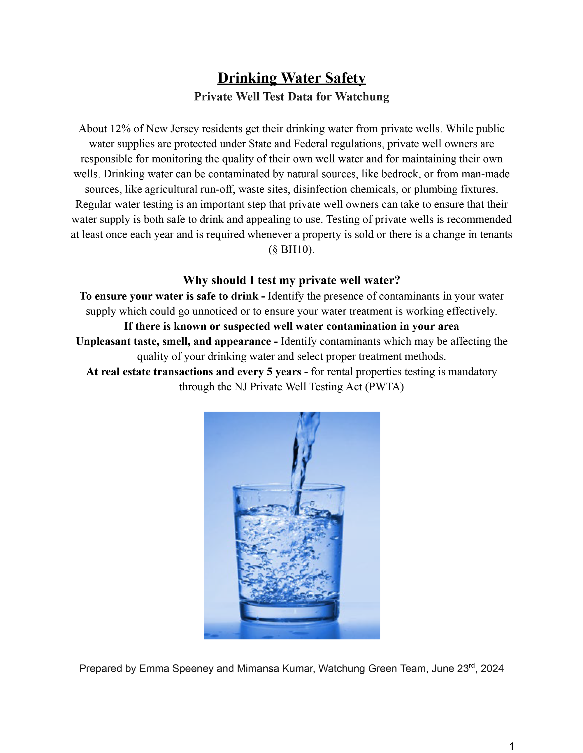 Watchung Well Water Data 2024 Page 1 of 6. Click to open an OCR scanned PDF version of the entire document.