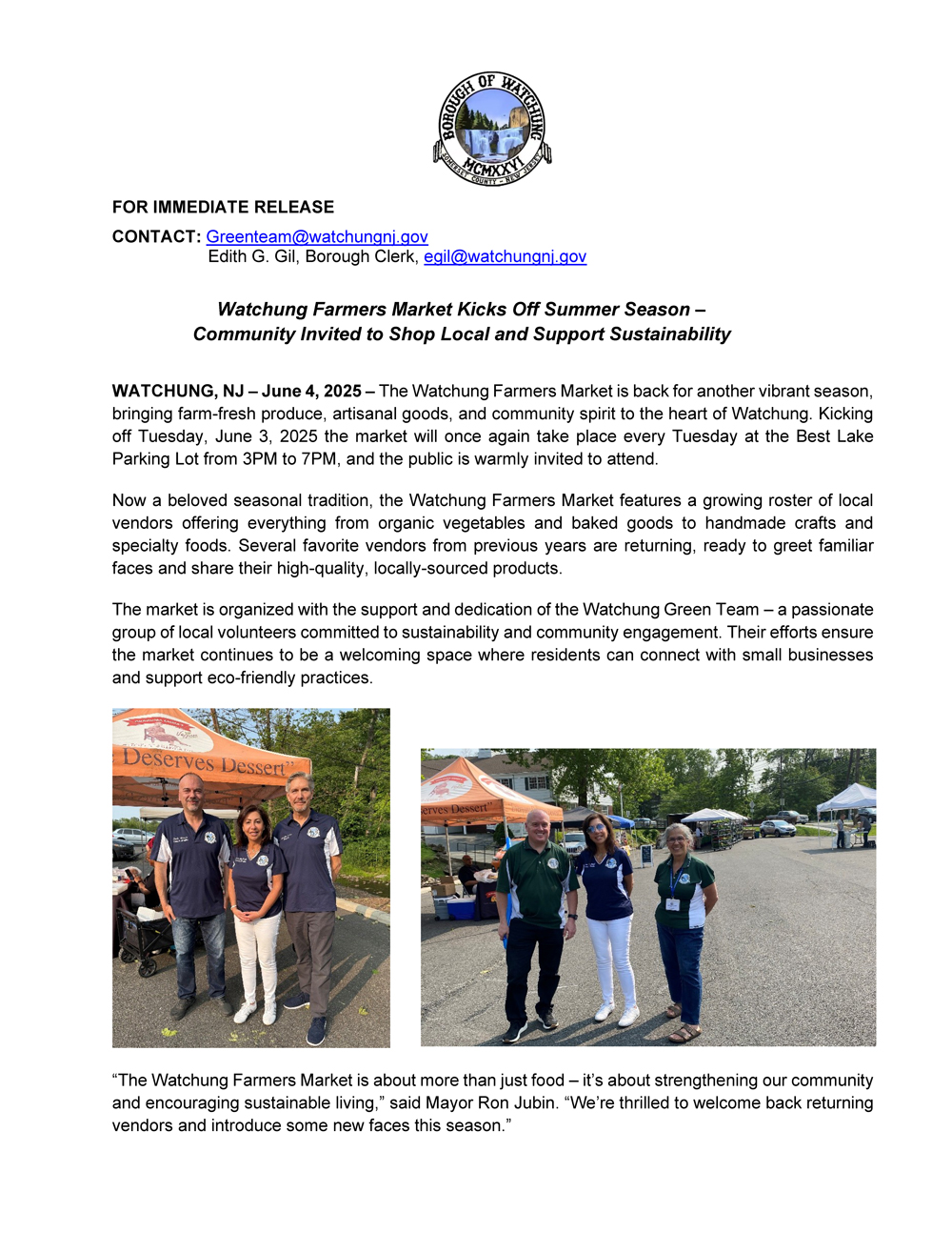 Press Release on Watchung Farmers Market Kickoff Page 1. Click to open an OCR scanned PDF version of both pages.