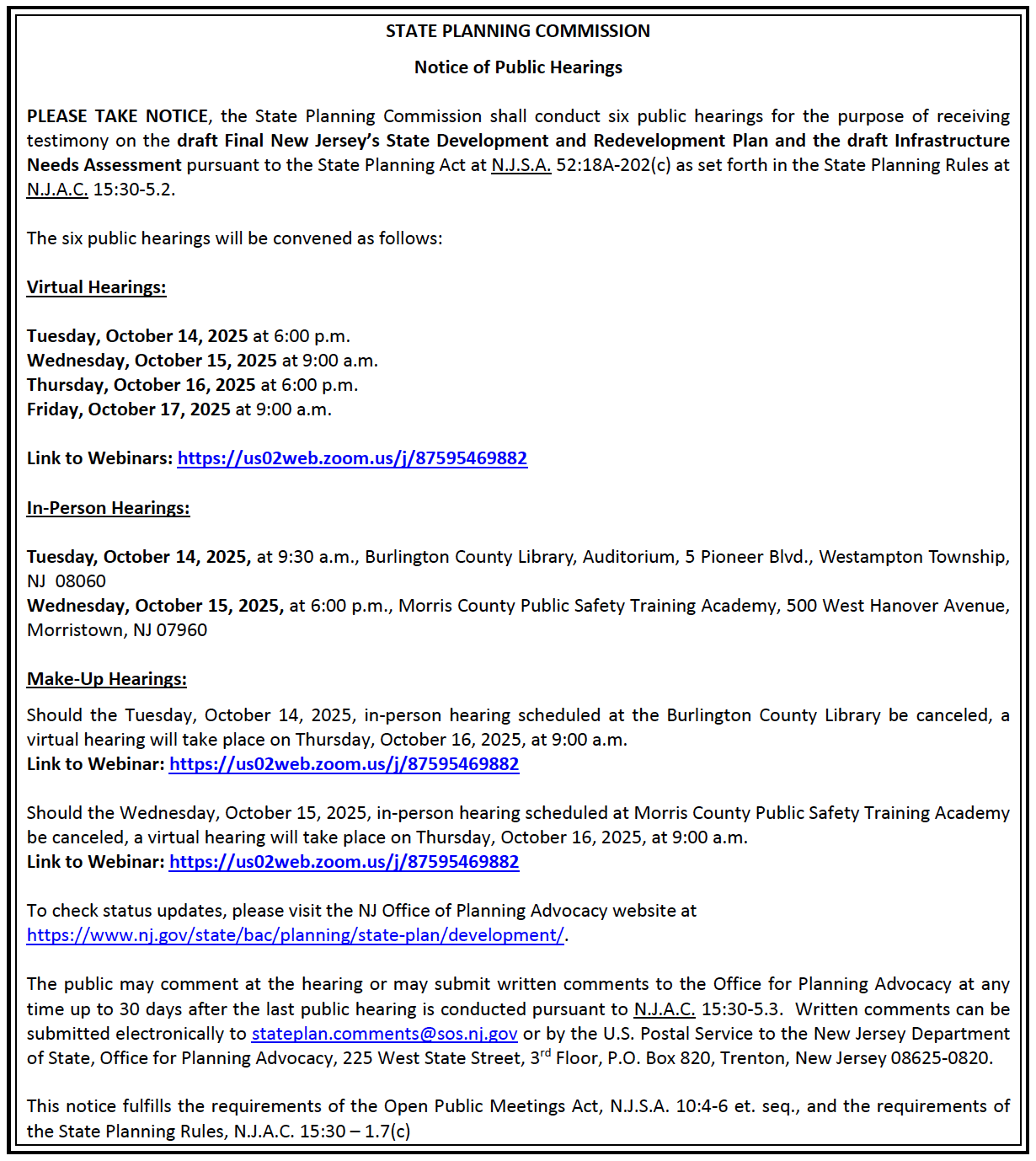 Virtual Hearings NJ Redevelopment Plan
