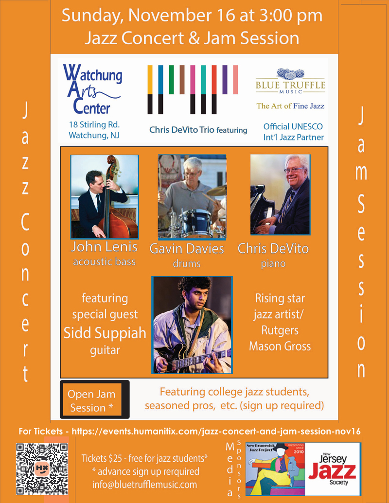 Jazz Jam with Chris DeVito Trio Featuring others! Happening on November 16, 2025 at 3 PM . Click to open a PDF version of the flyer.