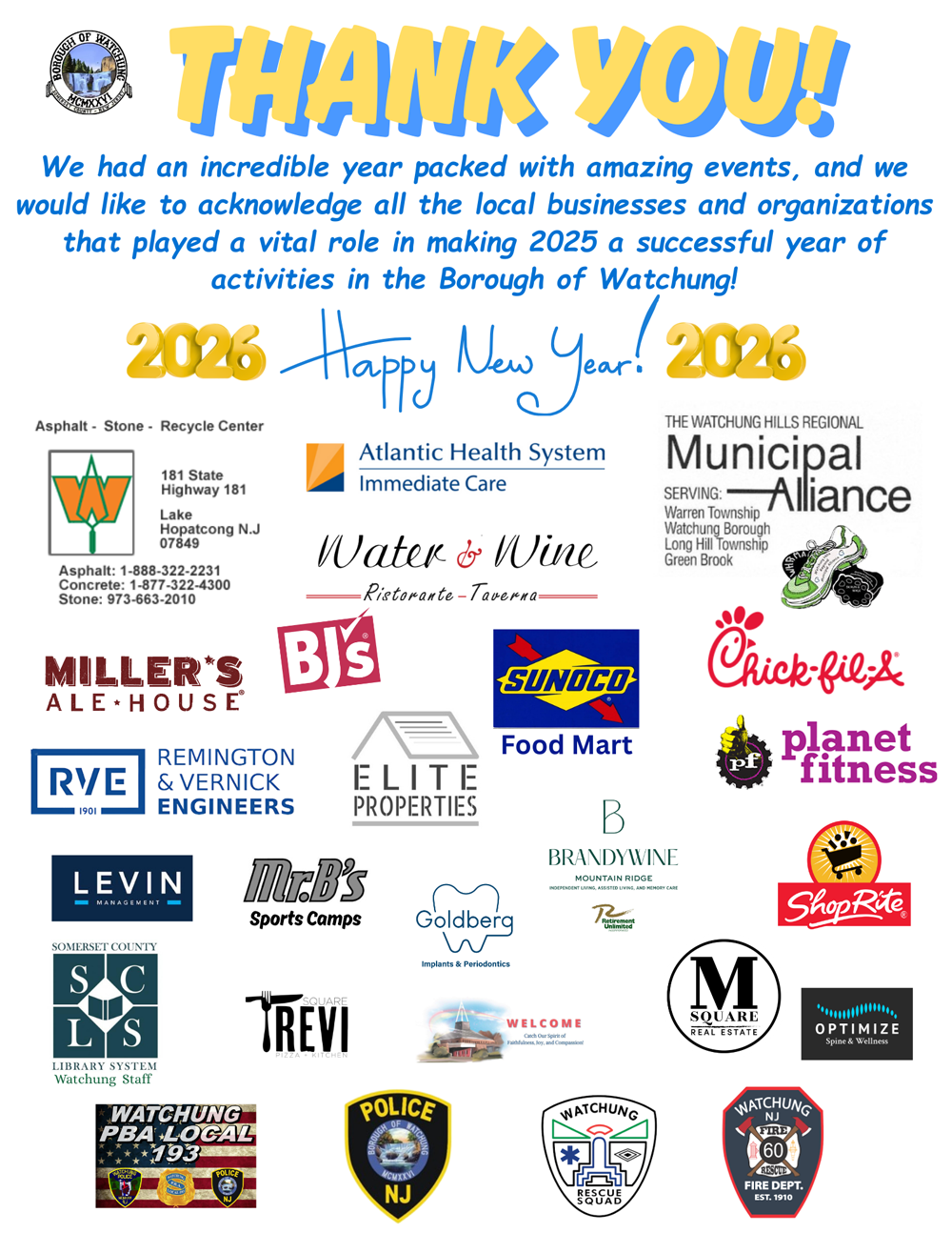 Thank you message with images of the logos of local businesses and organizations. Click to open an OCR scanned PDF version of it.