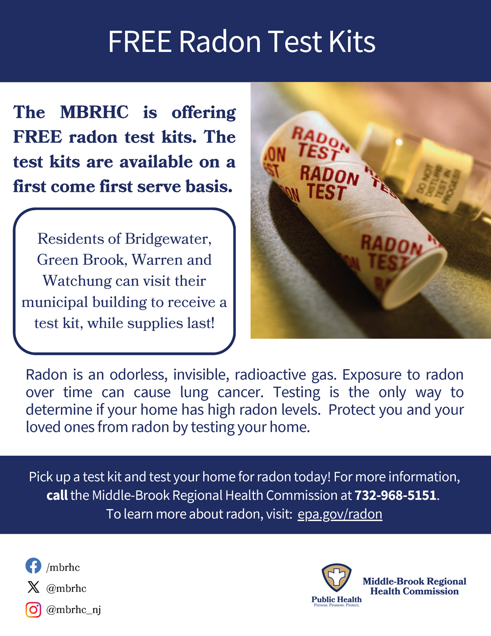 Middle-Brook Regional Health Commission Radon Test Kits flyer.